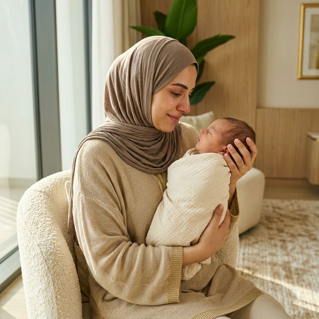 أم عربية تمسك طفلها